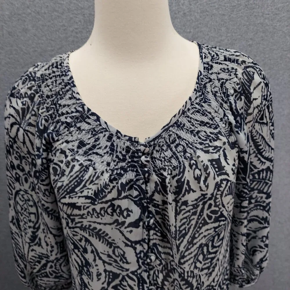 Banana Republic Womens Black‎ Floral Semisheer Puff Short Sleeve Blouse SZ Small